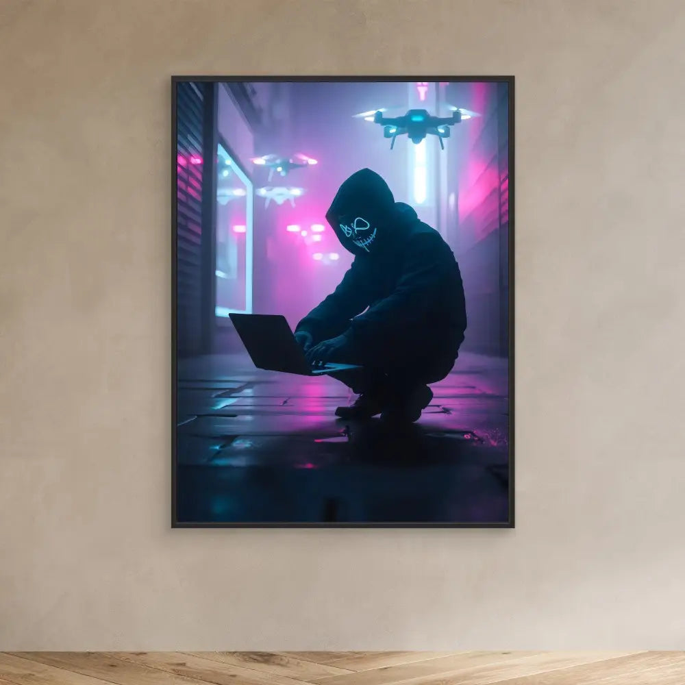 Silhouetted figure in a hoodie crouching while using a laptop.