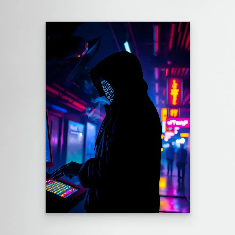 Silhouetted figure wearing a hoodie and LED face mask in neon lighting.