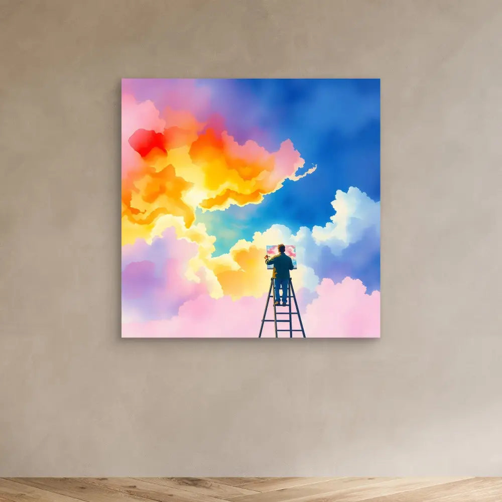 Silhouetted figure on a ladder painting vibrant multicolored clouds in the sky.