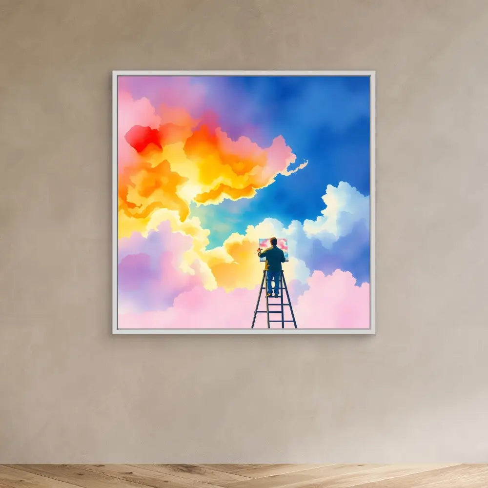 Silhouetted figure on a ladder painting vibrant multicolored clouds in the sky.