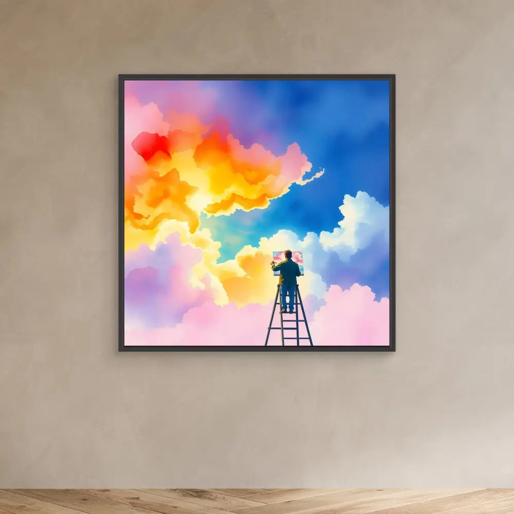 Silhouetted figure on a ladder painting vibrant, colorful clouds in the sky.