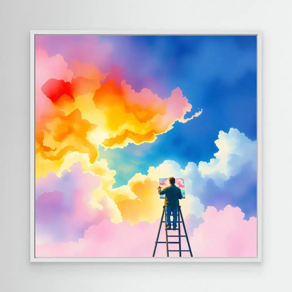 A silhouetted figure on a ladder painting vibrant clouds.