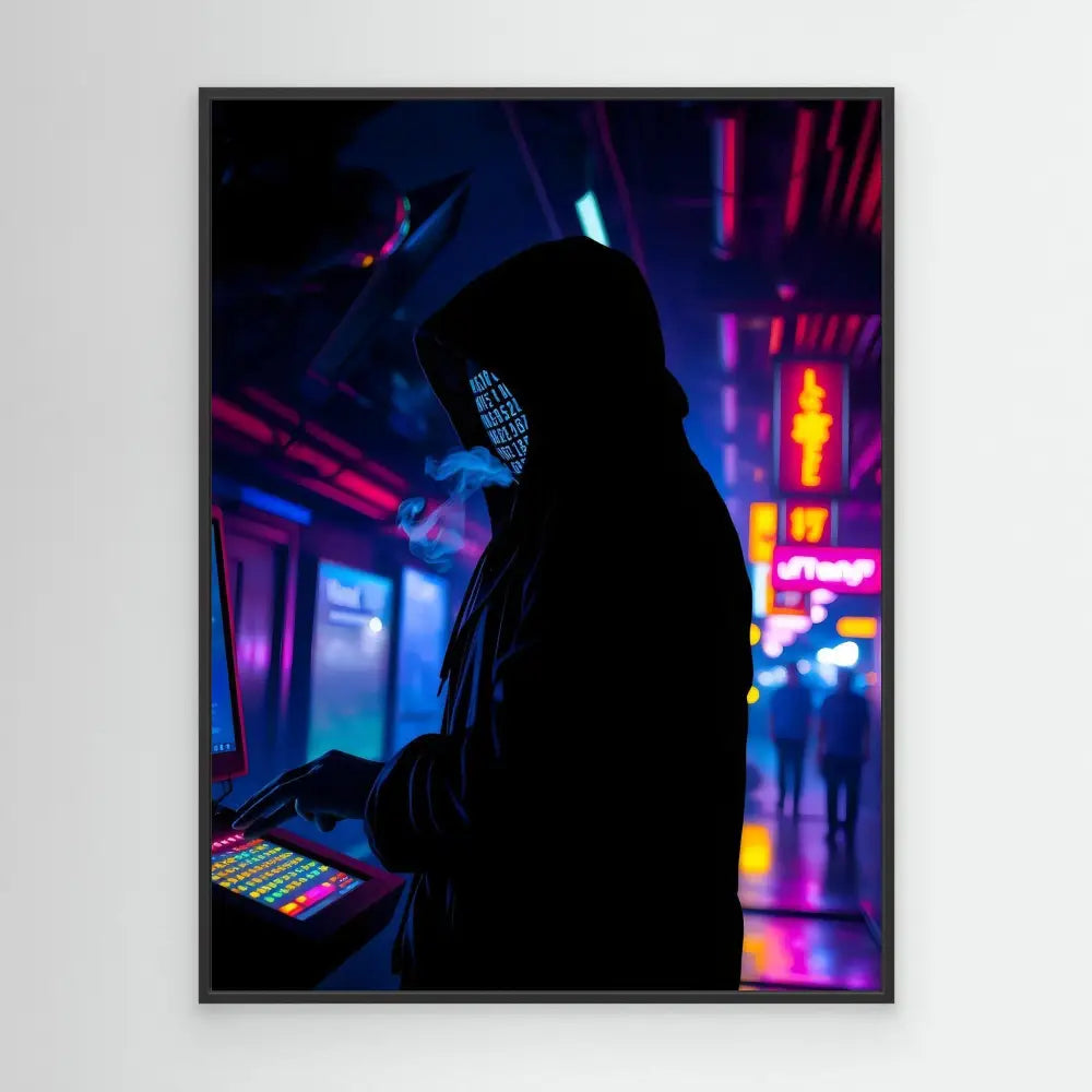 A silhouetted figure wearing a glowing LED grid mask and dark hoodie.