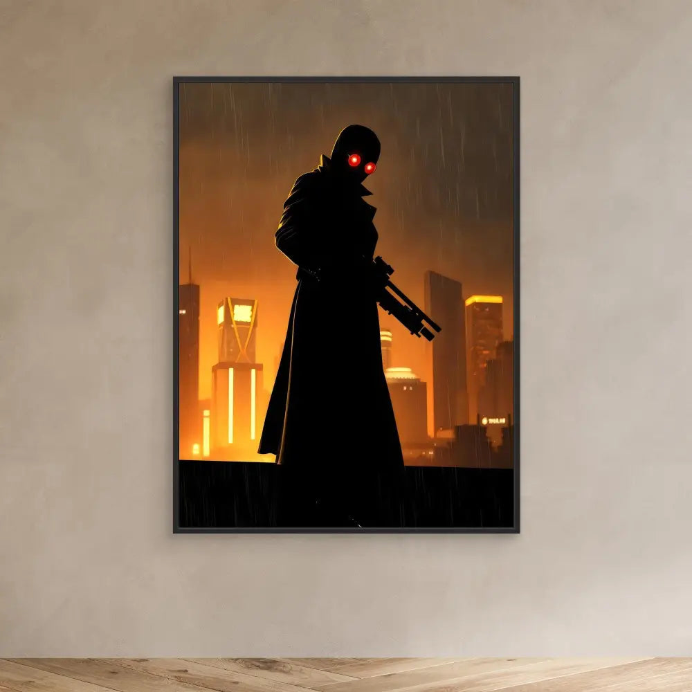 A silhouetted figure in a long coat holding a gun with glowing red eyes.