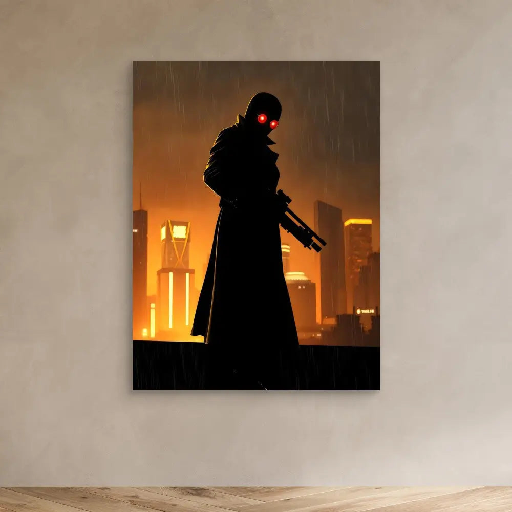 A silhouetted figure in a long coat holding a gun with glowing red eyes.