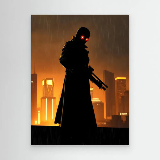 A silhouetted figure in a long coat holding a rifle with glowing red eyes.