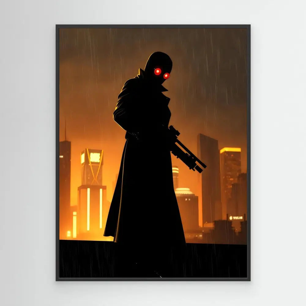 Silhouetted figure in a long coat holding a rifle with glowing red eyes.