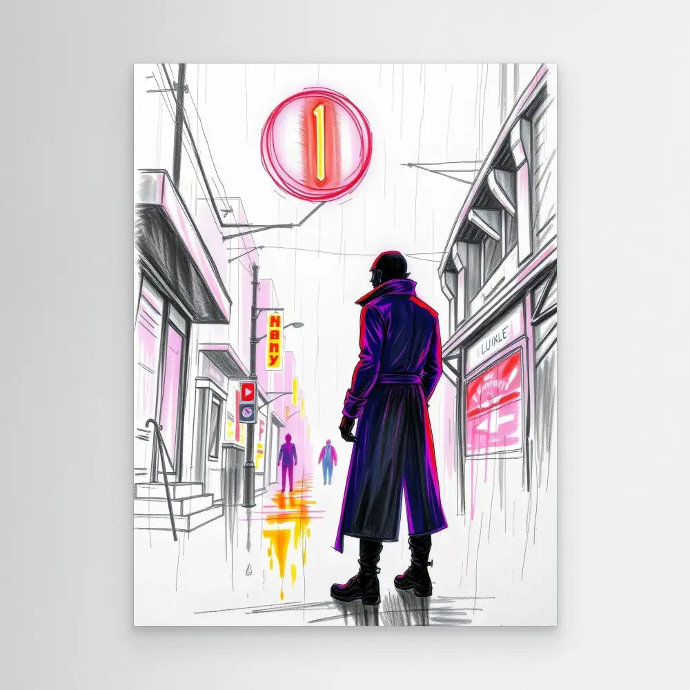 A silhouetted figure wearing a long coat stands on a city street.