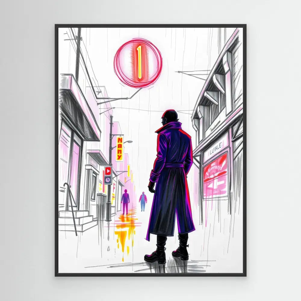 A silhouetted figure wearing a long coat stands in a neon-lit street.