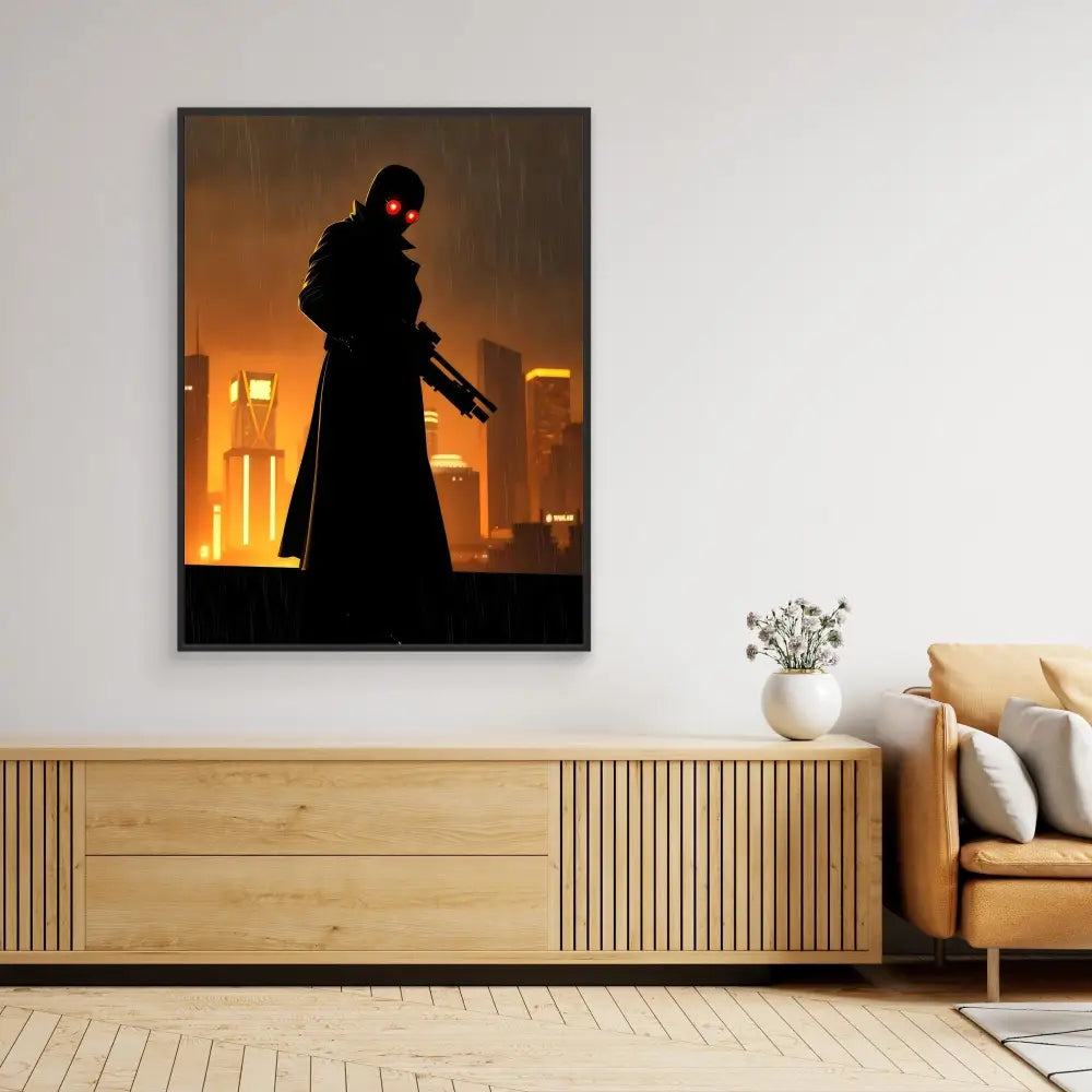 A silhouetted figure in a long coat holding a weapon against an orange sky.