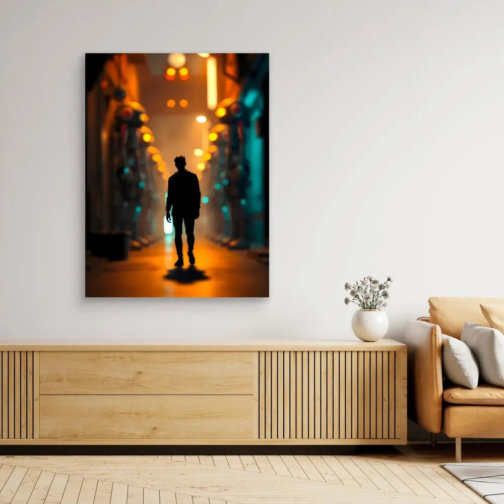 A silhouetted figure standing in a moody, neon-lit alley artwork mounted on a wall.