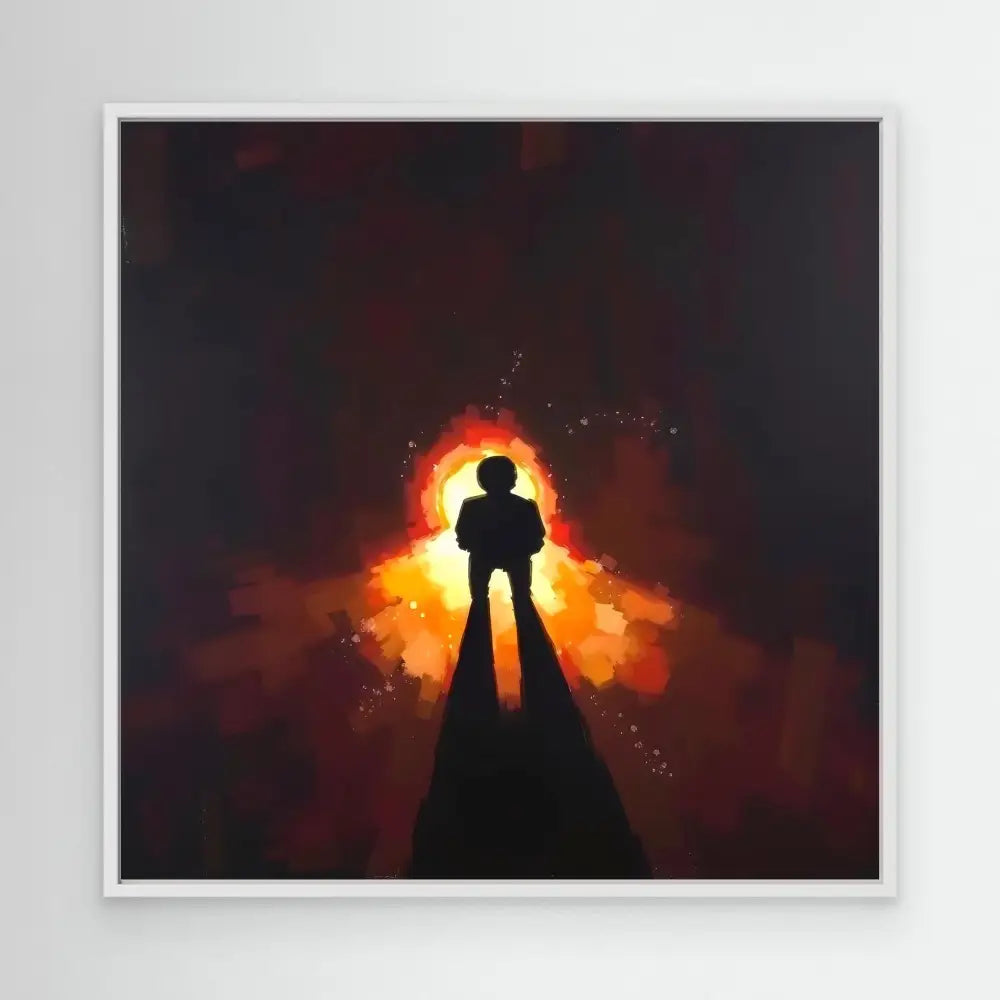 A silhouetted figure standing against a glowing orange light.