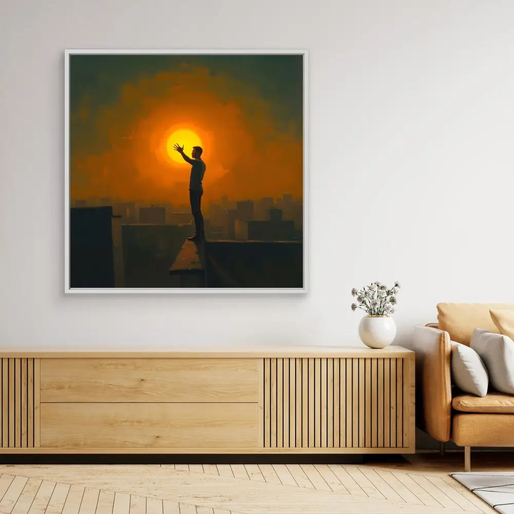 A silhouetted figure reaching toward a glowing orange sun.