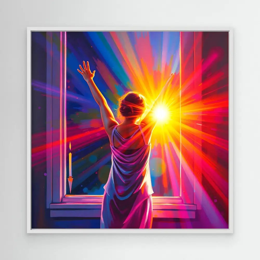 A silhouetted figure with raised arms stands before a vibrant, radiating sunburst.