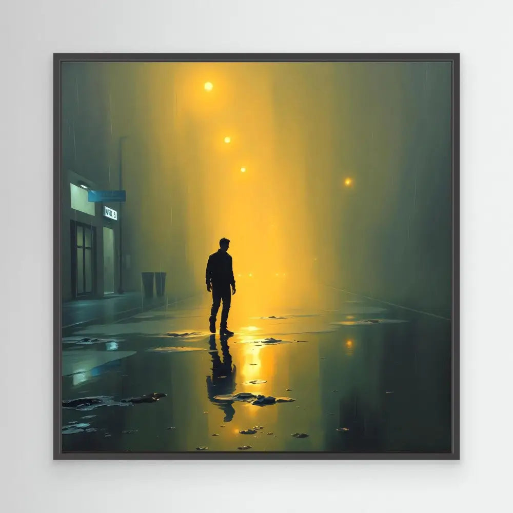 A silhouetted figure standing on reflective wet pavement.