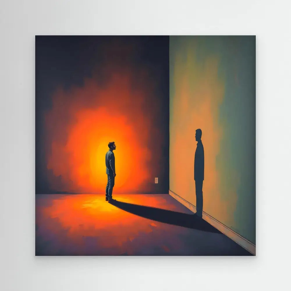 A silhouetted figure casting a shadow on a wall in dramatic orange lighting.