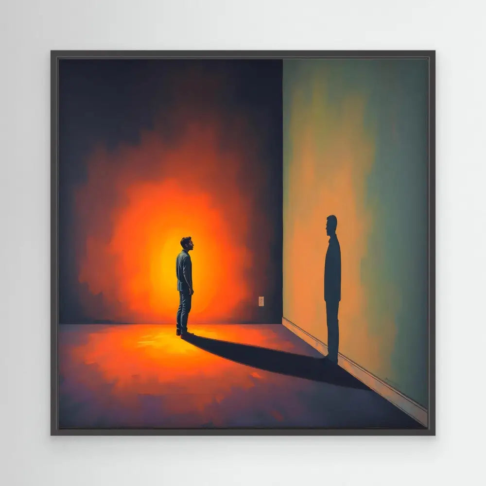 A silhouetted figure casting a shadow on a wall in dramatic orange lighting.