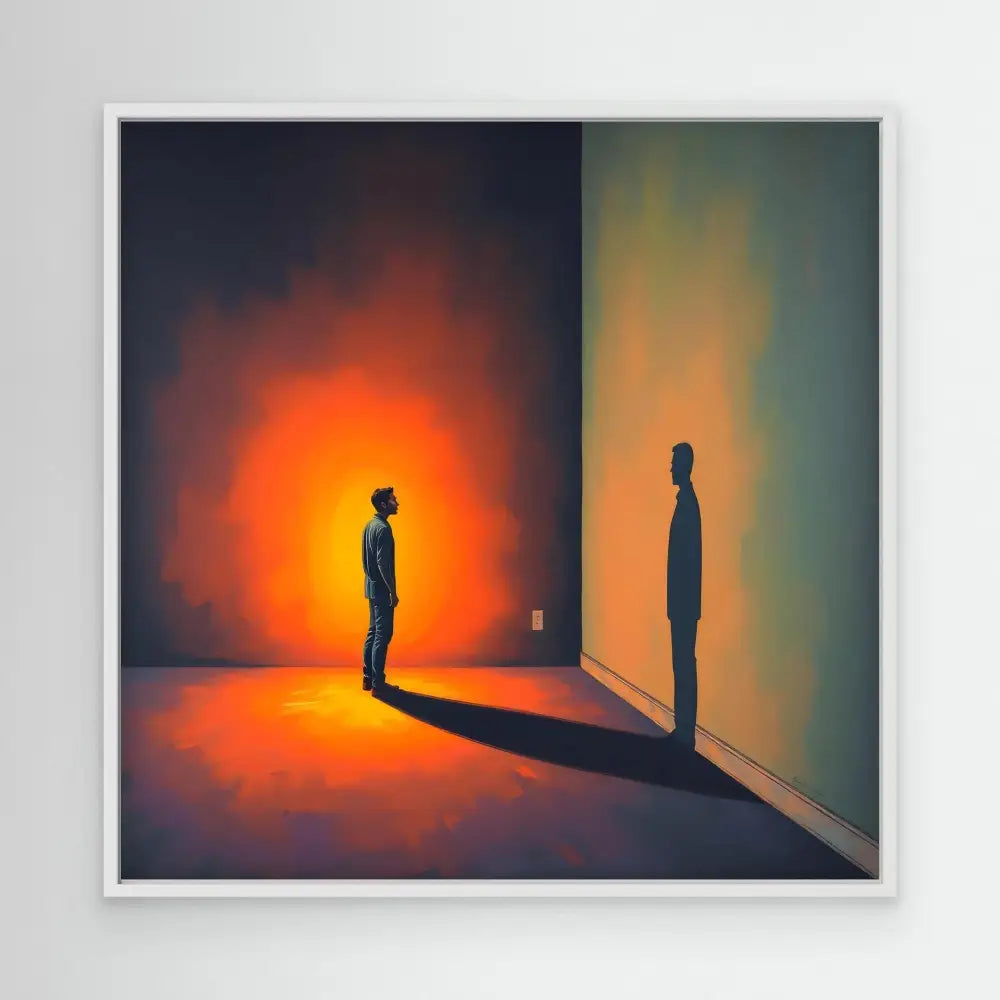 A silhouetted figure casting a shadow against a wall in contrasting orange and blue lighting.