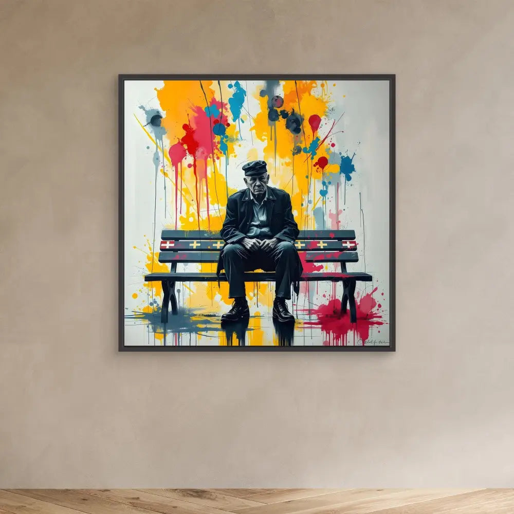 A silhouetted figure sits on a bench against vibrant paint splatter artwork.