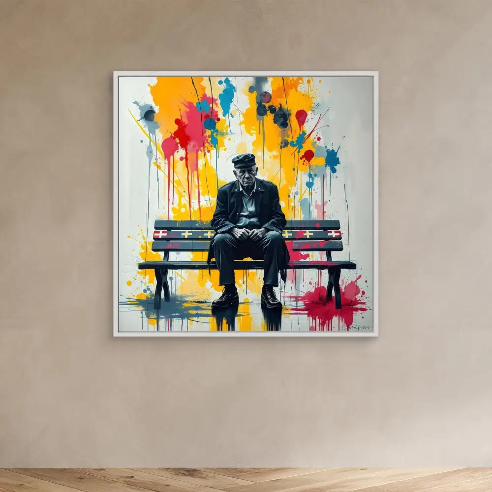 A silhouetted figure sits on a bench against a vibrant splash of colorful paint drips.