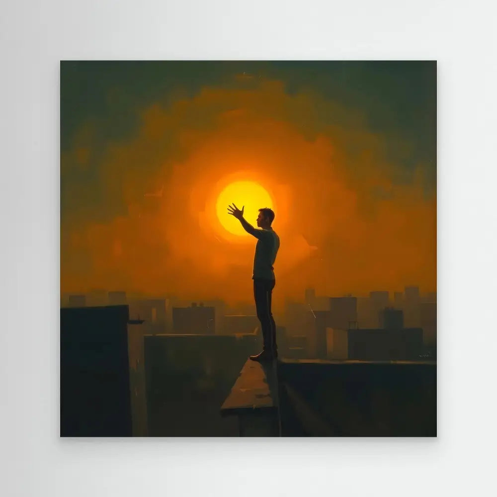 A silhouetted figure stands with arms raised against a bright sun.