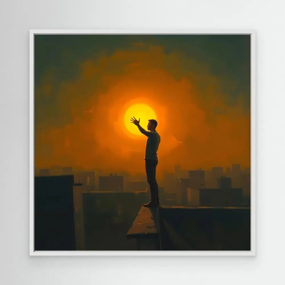 A silhouetted figure stands with arms raised against a bright sun.