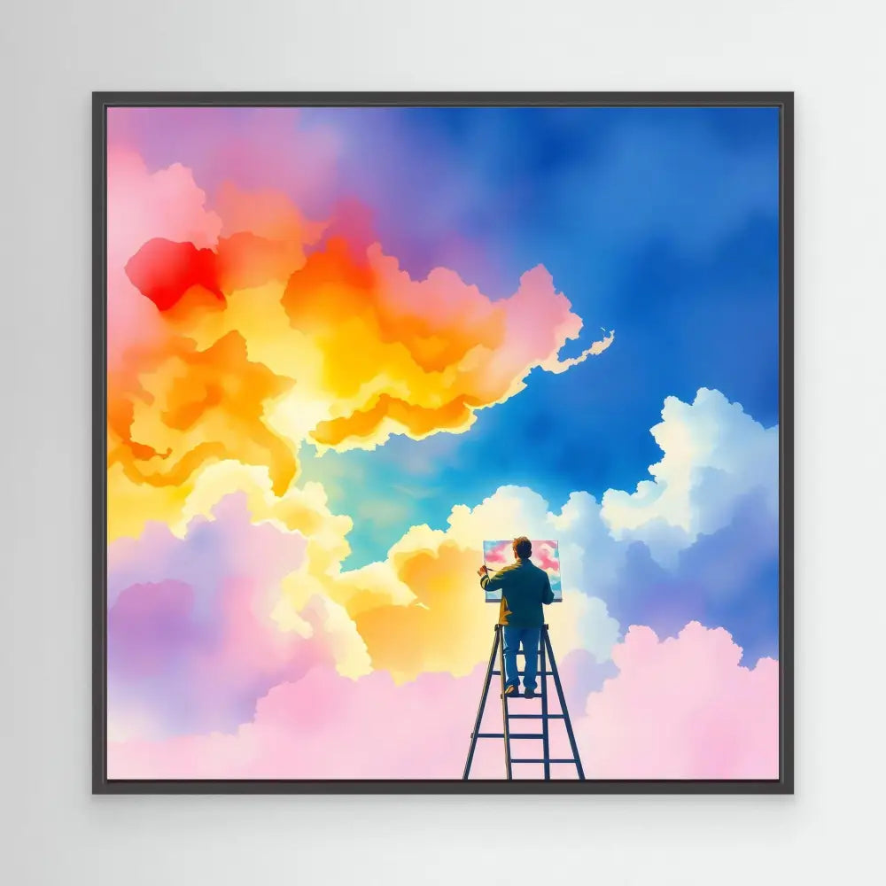 A silhouetted figure stands atop a ladder against vibrant, colorful clouds.