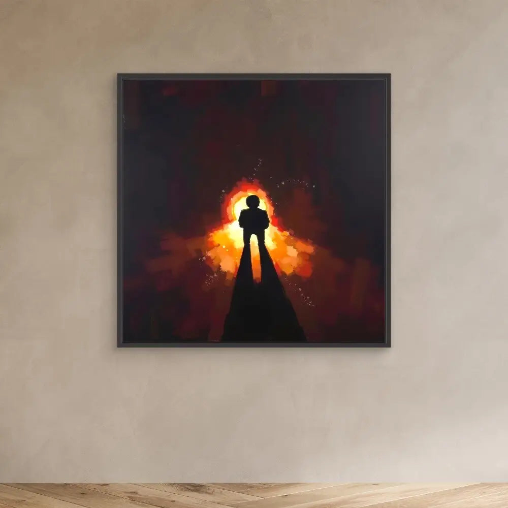 A silhouetted figure stands atop a peak against a fiery glow.