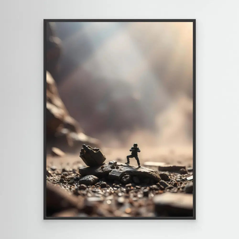 A silhouetted figure stands atop a rock formation against a moody sky.