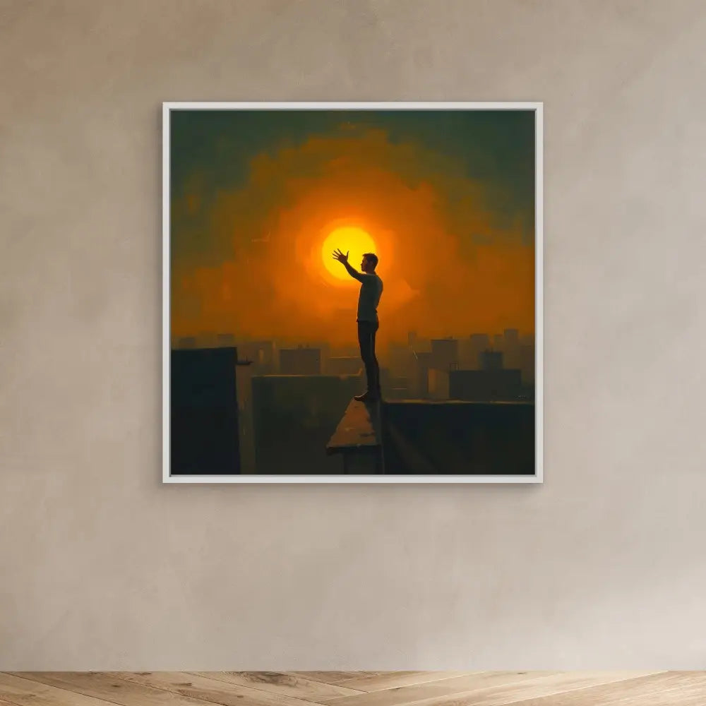 A silhouetted figure stands reaching toward a bright sun.