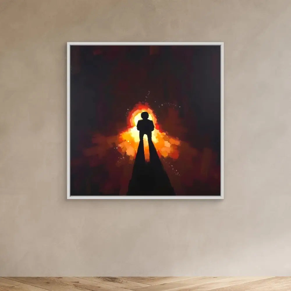 A silhouetted figure stands against a glowing orange light source.