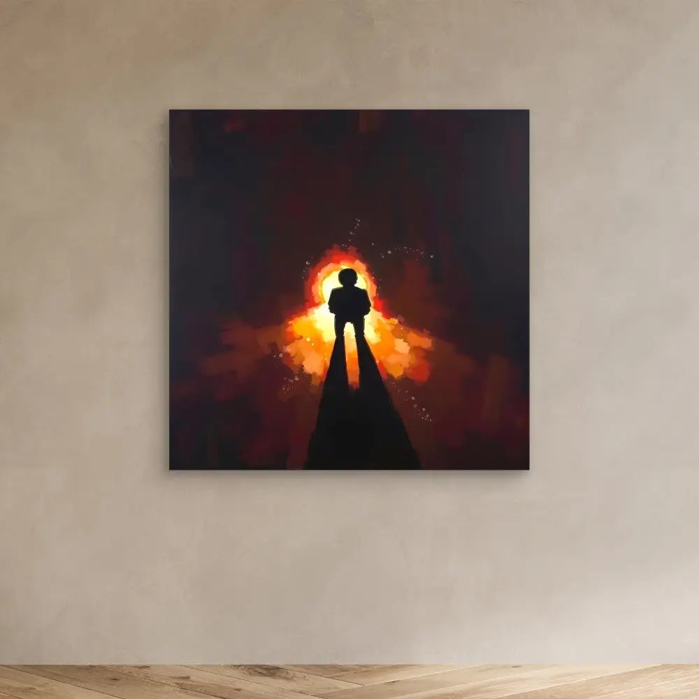 A silhouetted figure stands against a glowing orange light source.