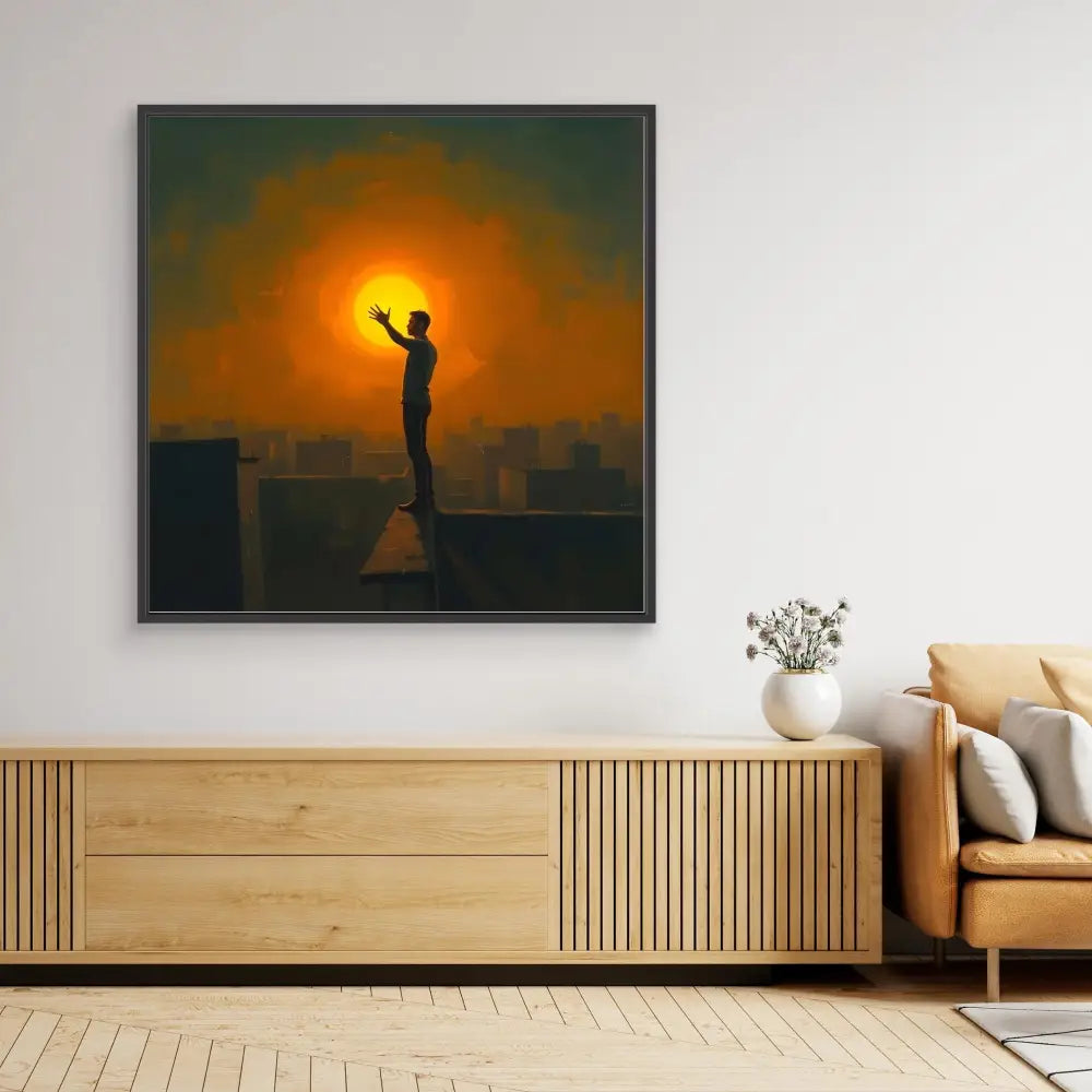 A silhouetted figure stands reaching toward a glowing orange sun.