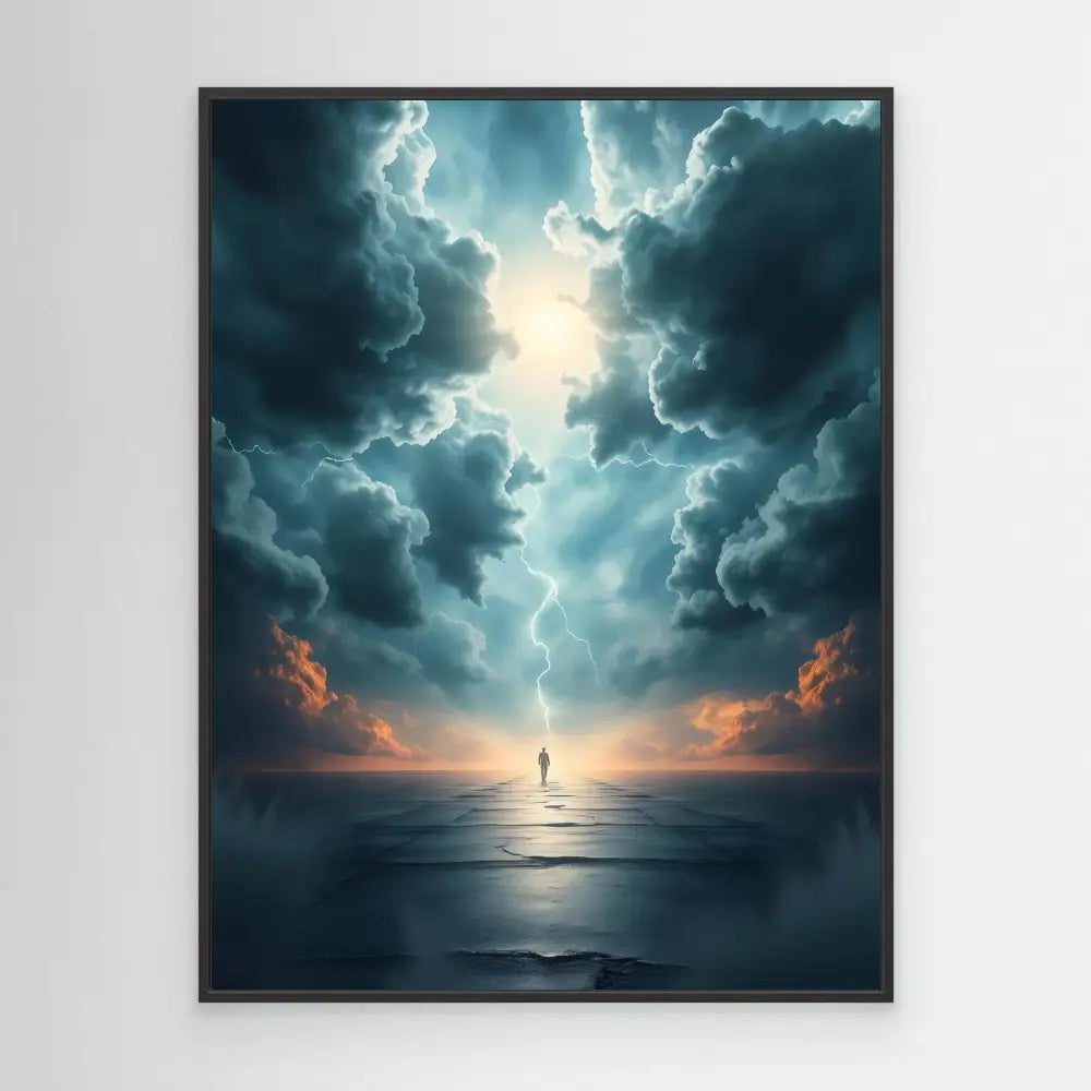 A silhouetted figure stands alone on reflective water beneath dramatic lightning and stormy clouds.