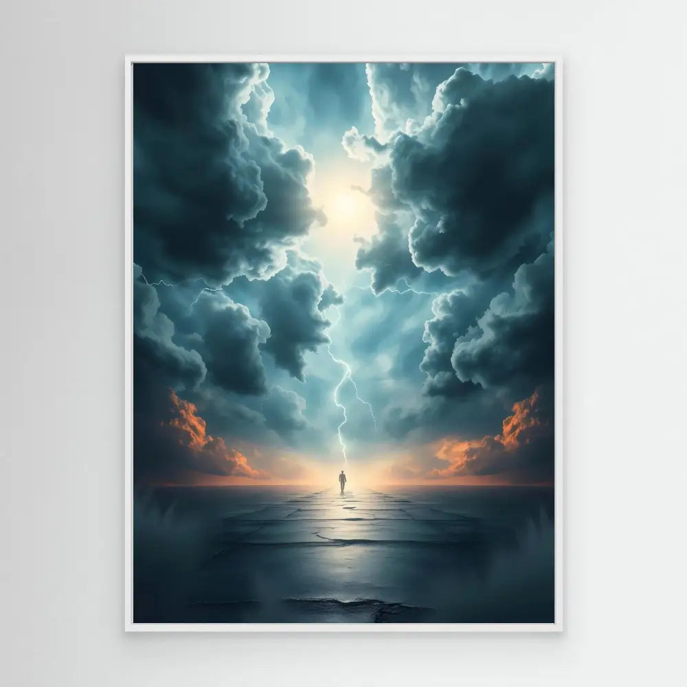 A silhouetted figure stands alone on reflective water beneath dramatic lightning and storm clouds.