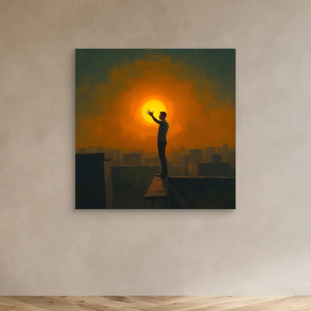 A silhouetted figure stands reaching upward against a glowing sun.