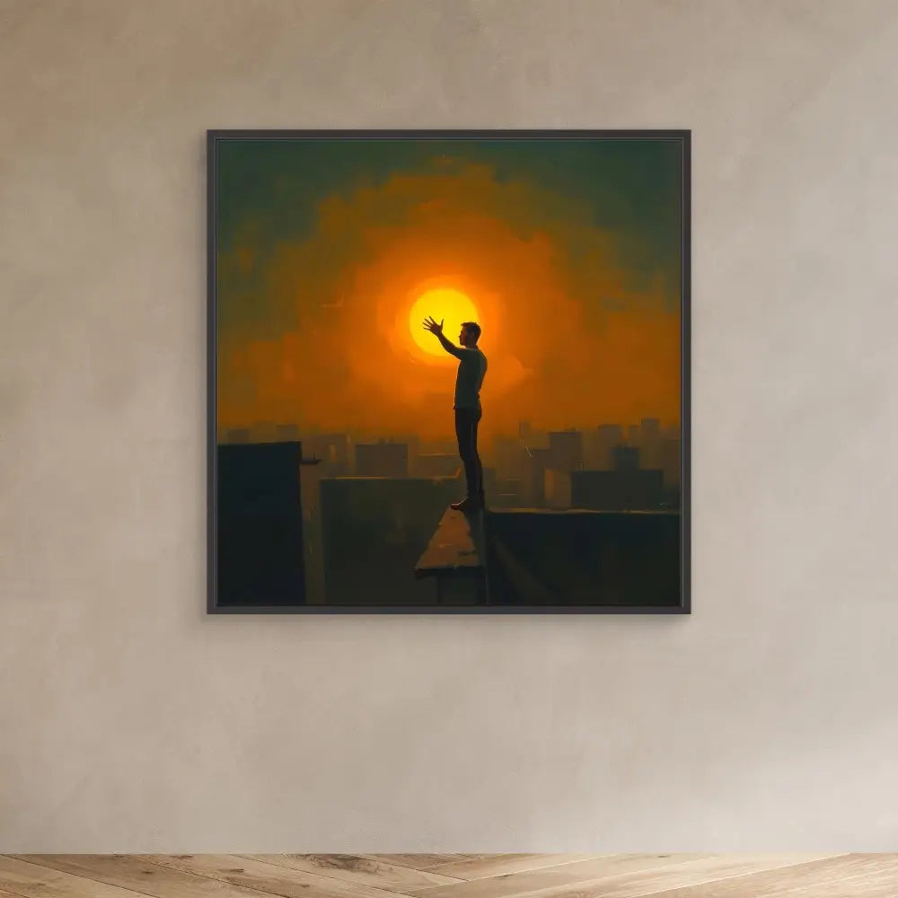 A silhouetted figure stands reaching upward against a glowing sun.