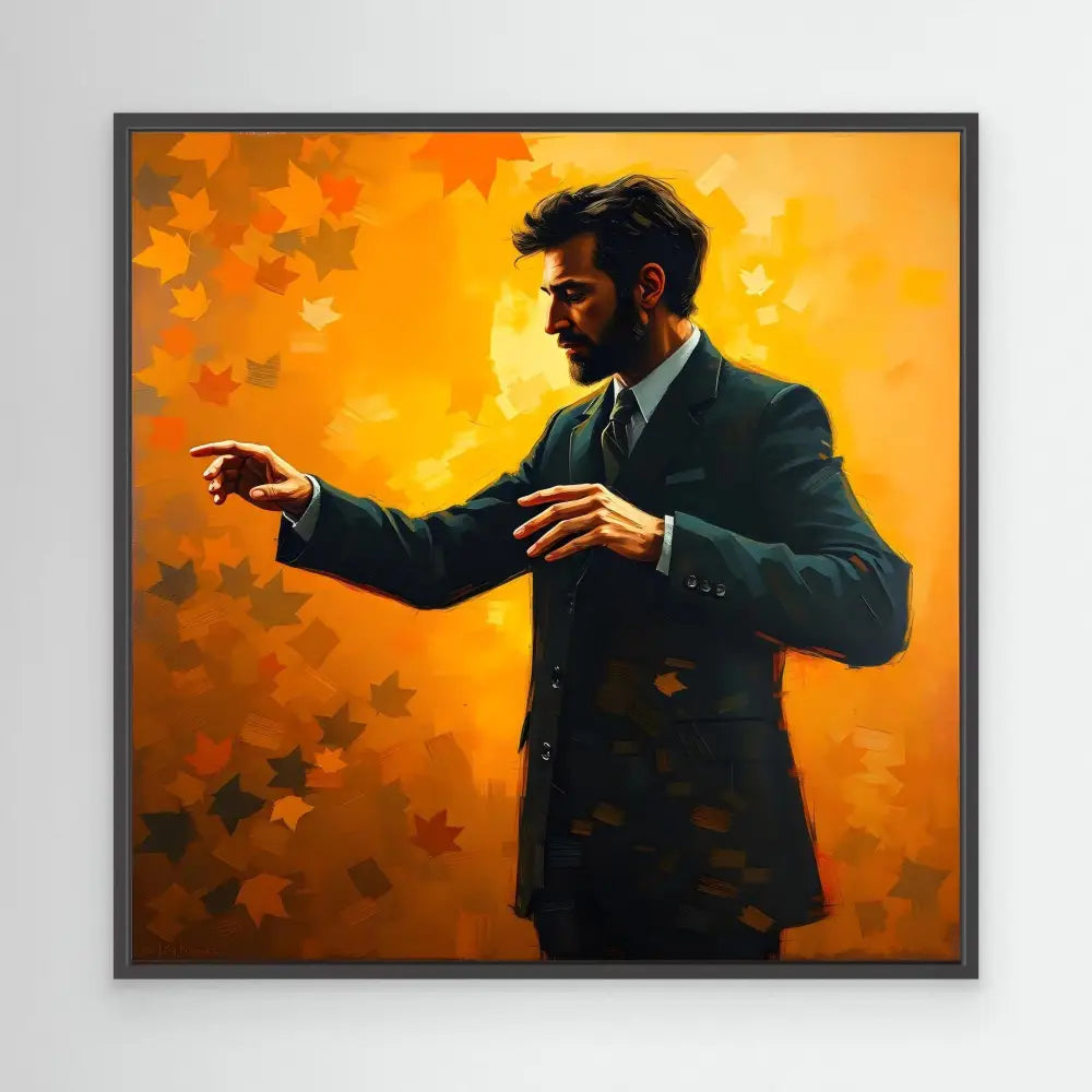 Silhouetted figure in a suit with outstretched arms against an orange backdrop with stars.