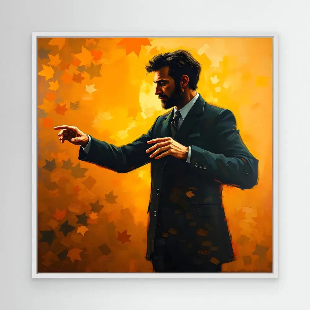 A silhouetted figure in a suit with outstretched arms against an orange backdrop with maple leaves.