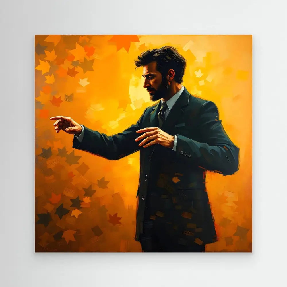 A silhouetted figure in a suit with outstretched arms against an orange backdrop with stars.