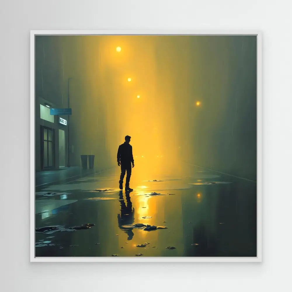 A silhouetted figure standing on wet pavement reflecting yellow street lights.