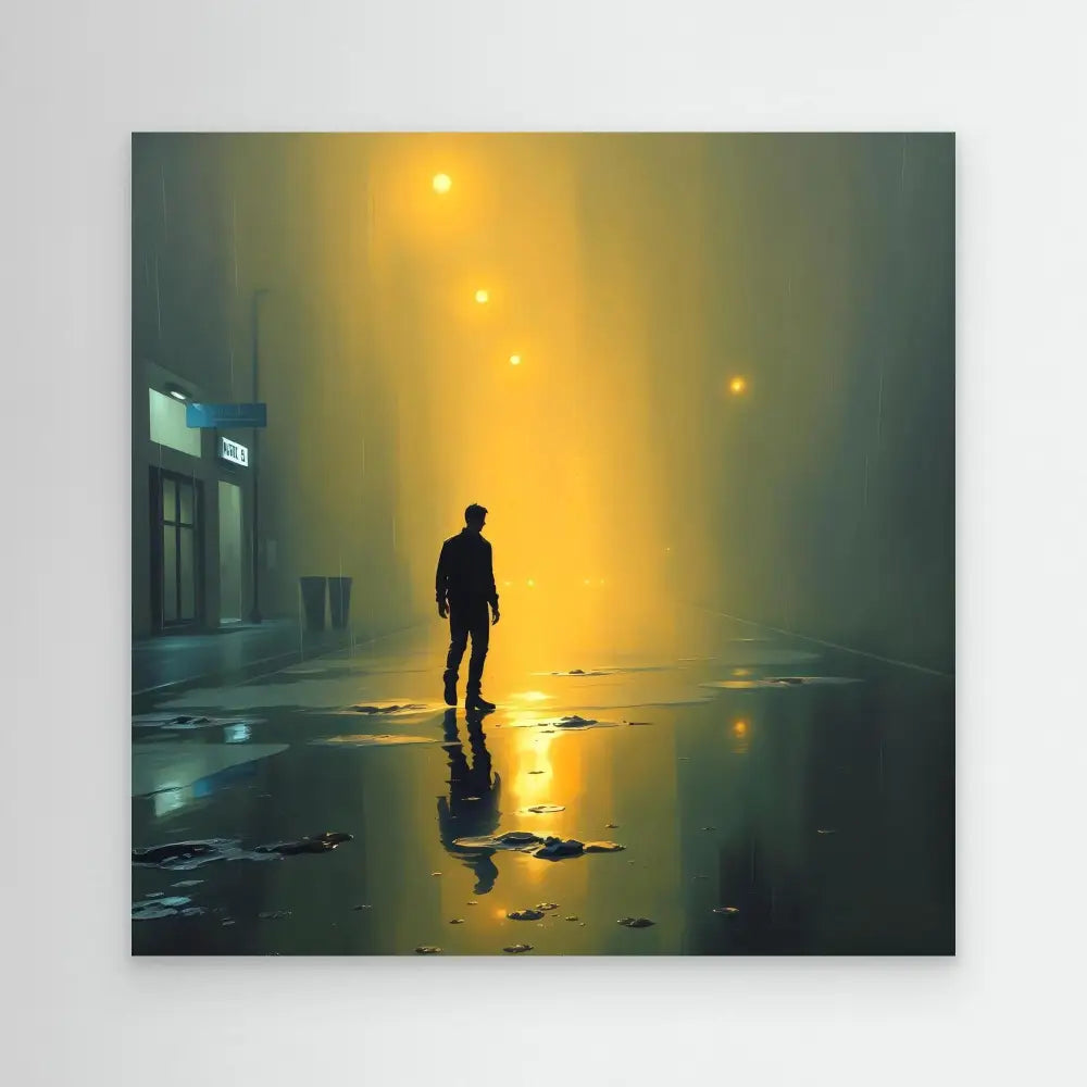 A silhouetted figure standing on wet pavement reflecting yellow streetlights.