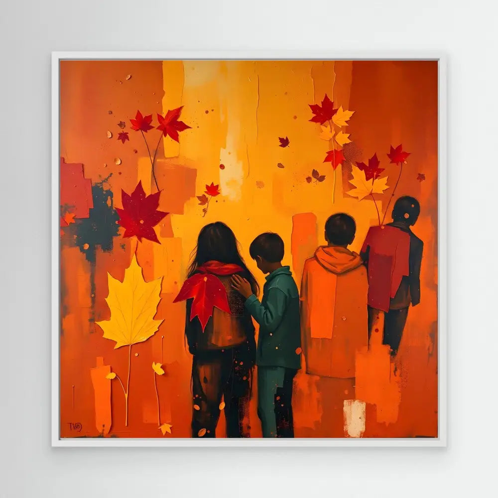 Silhouetted figures stand together amid falling red maple leaves against an orange backdrop.