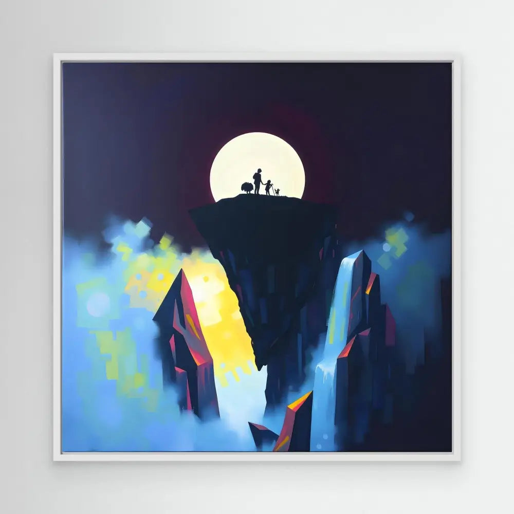 Silhouetted figures stand atop a cliff against a full moon.