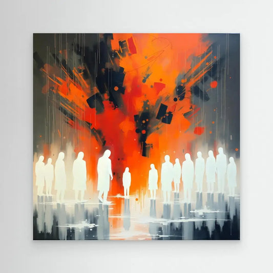 Silhouetted figures stand beneath an explosive orange and black sky.