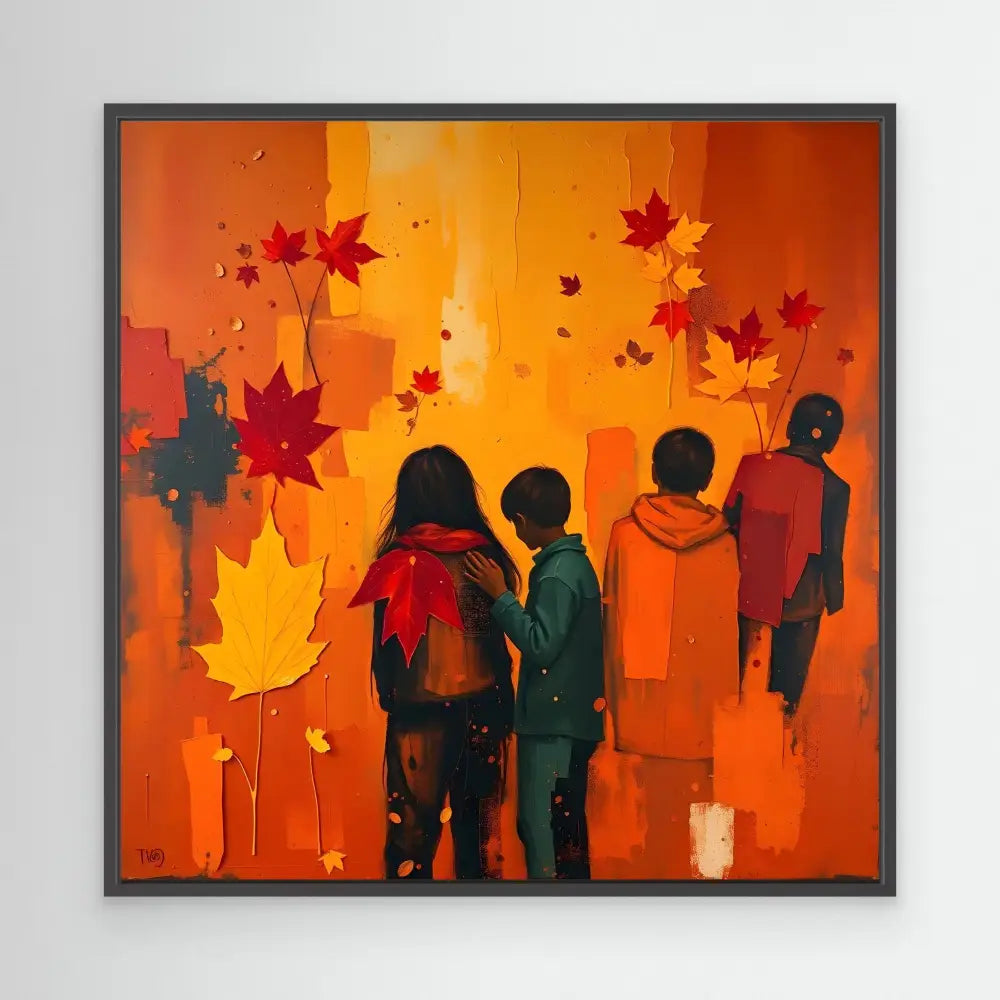 Silhouetted figures stand beneath falling red maple leaves against an orange backdrop.