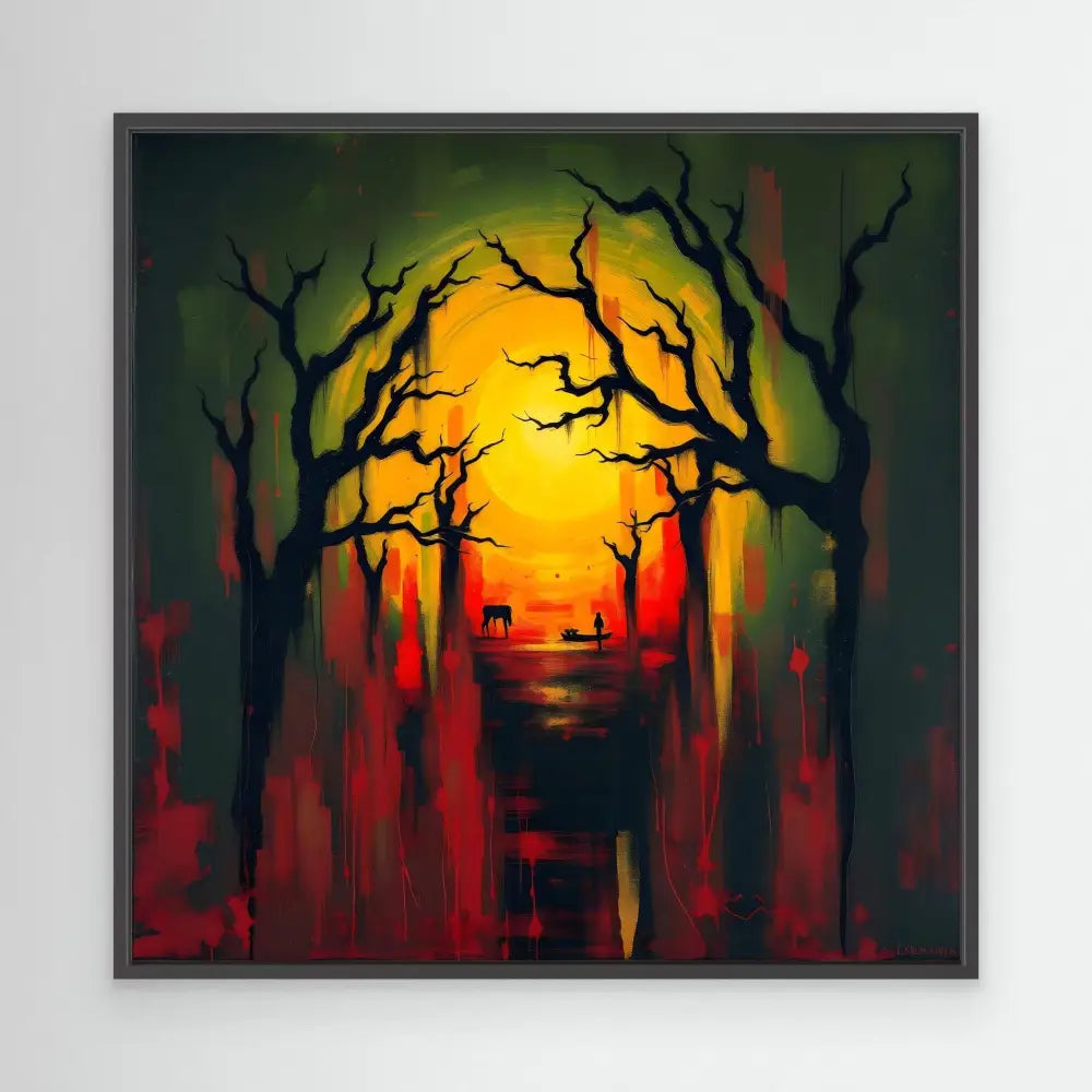 A silhouetted forest path with twisted trees against a glowing orange sunset.