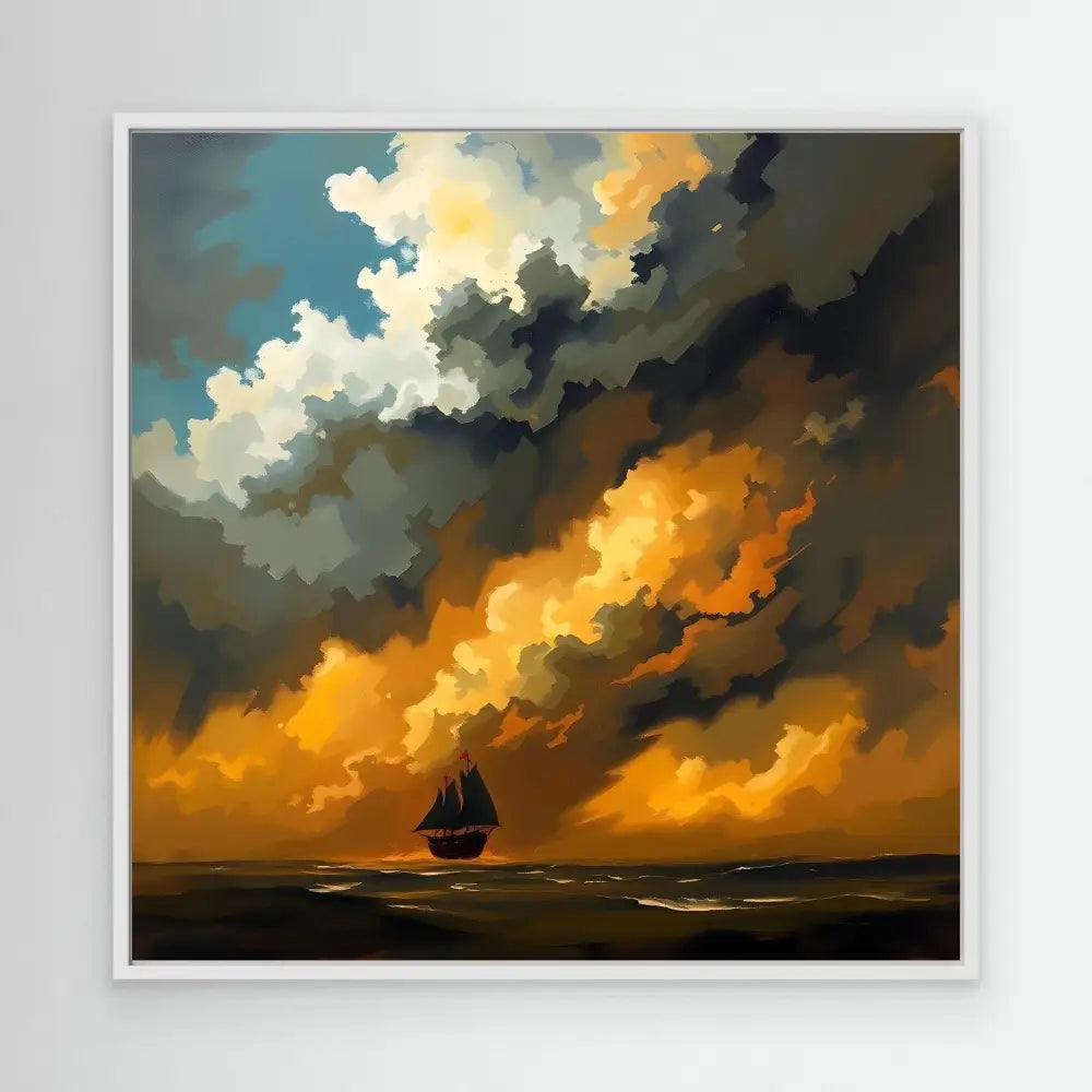 A silhouetted sailboat against dramatic orange clouds.