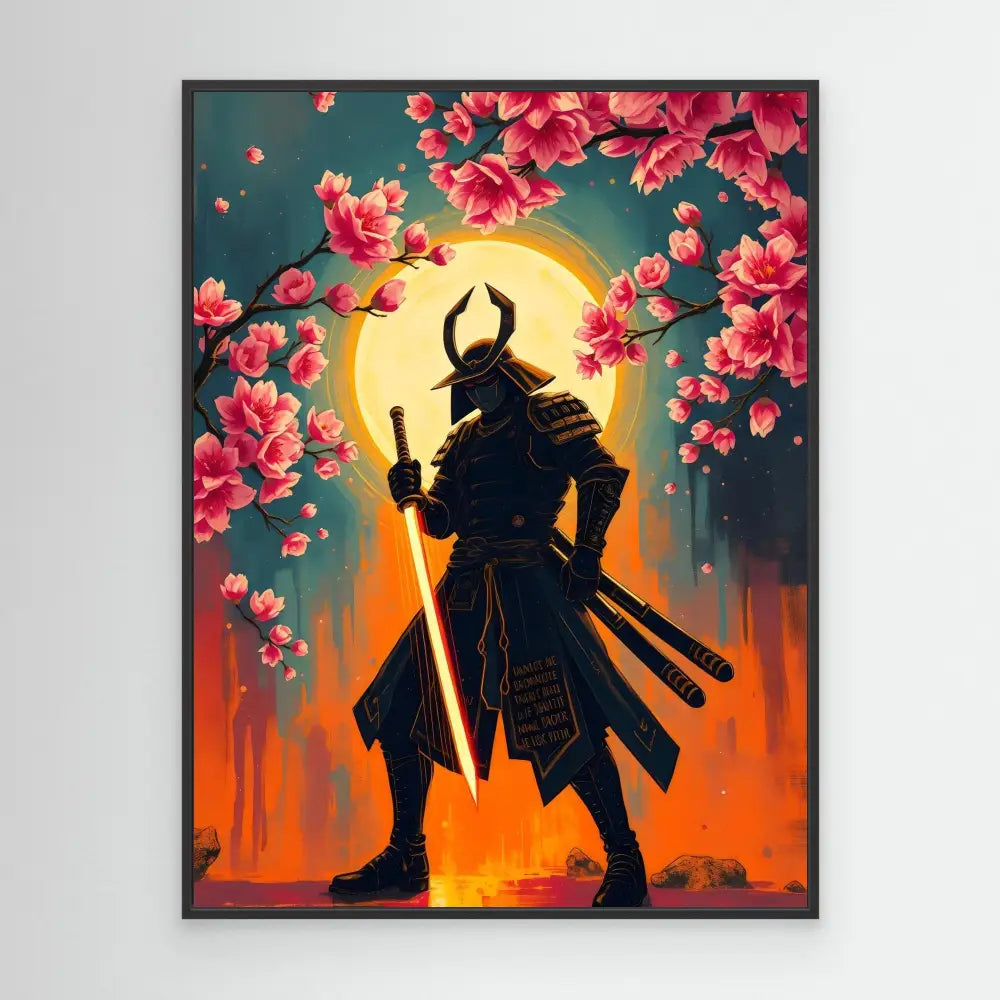 Silhouetted samurai warrior with horned helmet standing with drawn sword amid cherry blossoms.