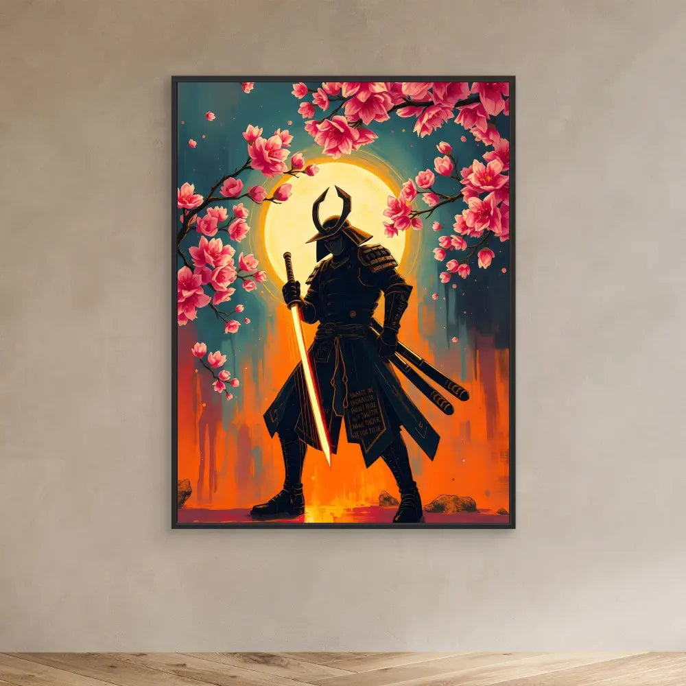 Silhouetted samurai warrior with horned helmet standing beneath cherry blossoms against a glowing moon.